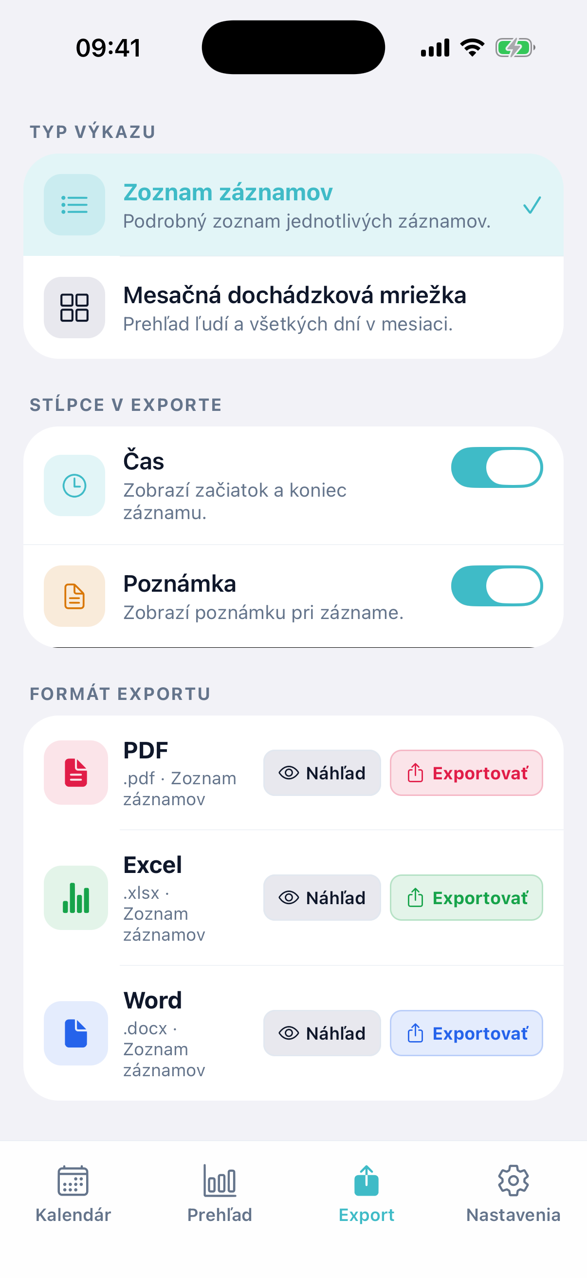 Export do PDF, Excelu a Wordu
